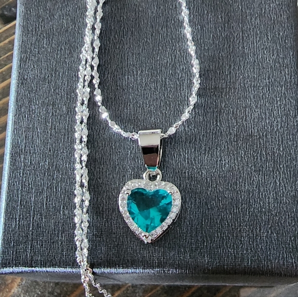 Jewelry - New 925 Sterling Silver Aquamarine Heart Pendant White Topaz accents necklace